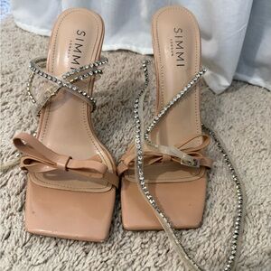 SIMMI London Nude Patent Bow Heel with Crystal Wrap Straps